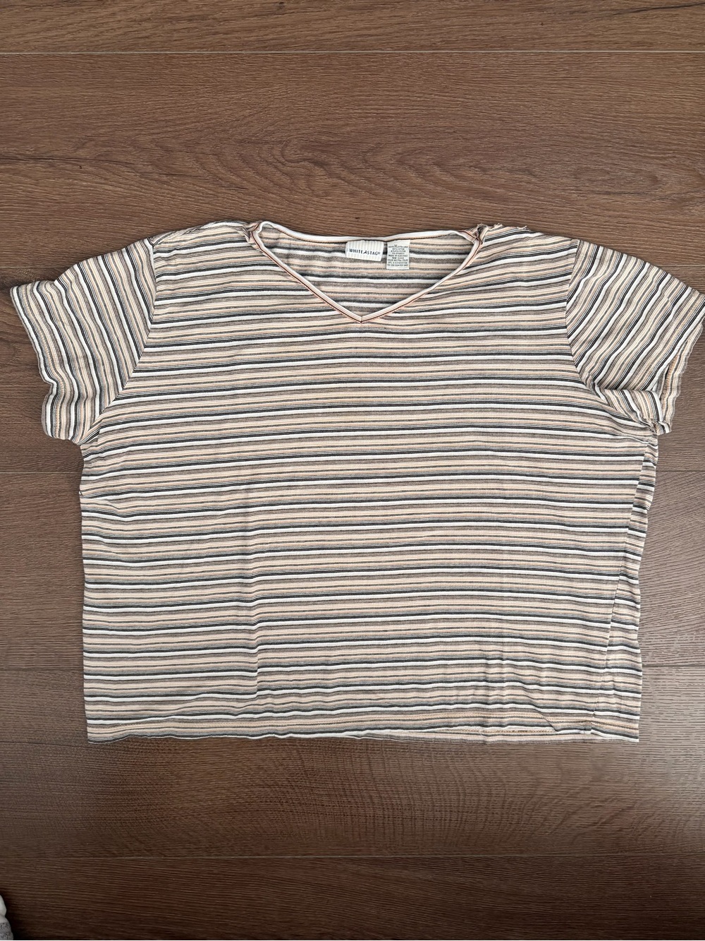 White Stag Striped V-Neck Short Sleeve Tee in Beige and Cream
